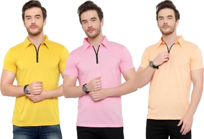 Tivy Solid Men Polo Neck Pink, Beige, Yellow T-Shirt