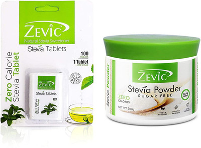 Zevic Zero Calorie Stevia white 100 Tablets & Stevia Powder -200gm | Made with Stevia Extracts | Ideal for People Managing Weight | Healthy Substitute for Sugar, Honey & Other Sweetener(200 g, Pack of 2)