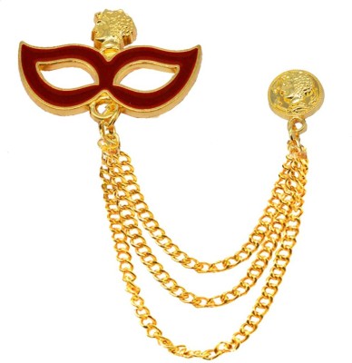 Sullery Mens Suit Wedding And Party Wear Mask Crystal Label Pin With Hanging Chain Brooch(Red, Gold)