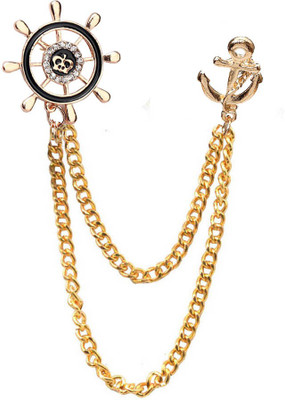 Shiv Jagdamba Nautical Wheel and Anchor Double Tassled Chain Lapel Pin Collar Stud Brooch for Men Brooch(Gold, Black)