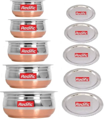 Redific Pack of 5 Stainless Steel Copper Bottom handi/Urli Set with Lid Cookware Set container set biryani new milk pot pan serving bowl Cookware Set (Stainless Steel, Copper, 5 - Piece) Handi 0.4 L, 0.65 L, 0.85 L, 1.2 L, 1.6 L with Lid (Stainless Steel, Non-stick,) Dinner Set(Silver, Microwave Saf