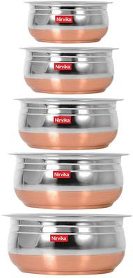 Nirvika Pack of 5 Stainless Steel Steel Handi Set Copper Bottom urli Set of 5pc pcs Piece Kitchen Serving,biryani milk new pot pan/tapeli/pateli/tope/Cooking Bowl,mixing home appliances salad, 5-Pieces 500ml, 800ml, 1000ml, 1200 ml, 1500 ml, Dinner Set  (Microwave Safe)