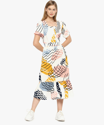 CAMPUS SUTRA Women Fit and Flare White Above Knee/Mid Thigh Length Dress