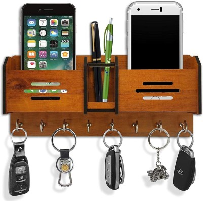 Dheeraj Creation Akshar Wooden Key Holder with Storage Box Mobile Holder Pen Holder 8 Hook Acrylic Key Holder(8 Hooks, Brown)
