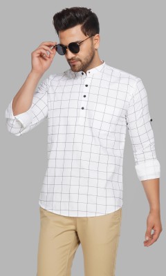 ELEPANTS Men Checkered Straight Kurta(White)