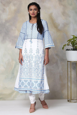 BIBA Women Printed A-line Kurta(White, Blue)