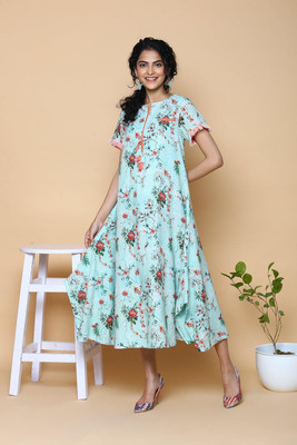 BIBA Women Printed High Low Kurta(Green)