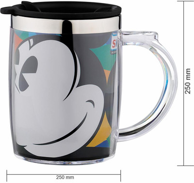 SKI Homeware Inner Stainless Steel Tea ,Coffee, Milk for Kids with Mickey Mouse-1 Printed Cherry Stainless Steel, Plastic Coffee Mug(350 ml)