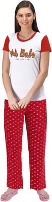 Fflirtygo Women Printed Red, White Top & Pyjama Set
