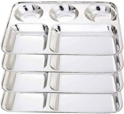 HUSHBEE Stainless Steel Lunch Dinner Plate Bhojan Thali 5 in 1 Rectangle Compartments Kitchen & Dining Set Pack of 4 Sectioned Plate(Pack of 4)