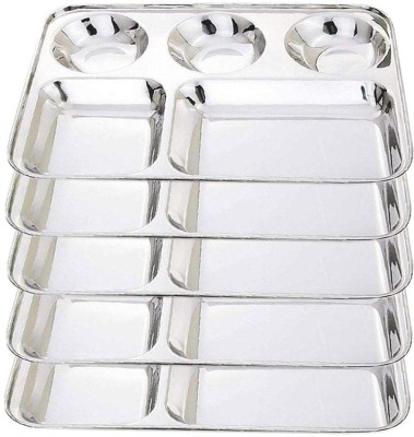 HUSHBEE Stainless Steel Lunch Dinner Plate Bhojan Thali 5 in 1 Rectangle Compartments Kitchen & Dining Set Pack of 5 Sectioned Plate(Pack of 5)
