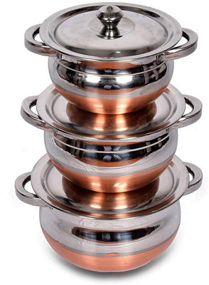 LEOSXA 3 Copper Bowl Set With Lids, Serving Bowl Set, Cooking Bowls, Dinner Set Handi 1.2 L, 1.6 L, 2.6 L with Lid(Stainless Steel, Copper, Non-stick, Induction Bottom)