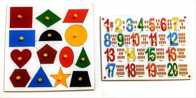 PETERS PENCE 14 Shaped Geometric Educational Learning Puzzle Board , Wooden Multi-Color Educational Board 1-20 Number with Counting Pictures Pegs Puzzle Tray for Little Ones PRIMARY EDUCATION(48 Pieces)