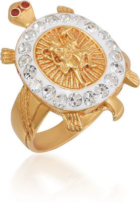DULCI Gold Tone CZ Studded Bajrangbali Hanuman on Tortoise Turtle Shape Vaastu Fengshui Kachua Good Luck Charm Finger Ring for Unisex Brass Cubic Zirconia Gold Plated Ring