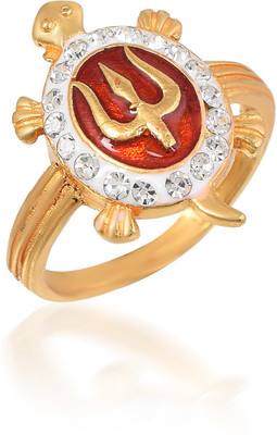 DULCI Gold Tone Cubic Zircon Trishul on Tortoise Turtle Shape Vaastu Fengshui Kachua Good Luck Charm Finger Ring for Unisex Brass Gold Plated Ring