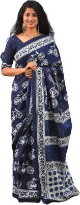 Kiaaron Printed Hand Batik Pure Cotton Saree(Dark Blue)