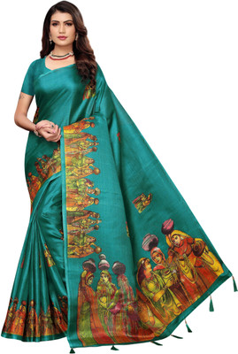 heartloom Printed Madhubani Khadi Silk Saree(Light Blue) Flipkart