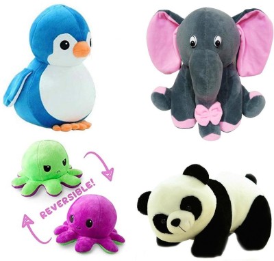 TITLEE Soft Toys Combo for Kids in Low Budget / Panda, Grey Baby Elephant, Penguin, Reversible Octopus  - 28 cm(Multicolor)