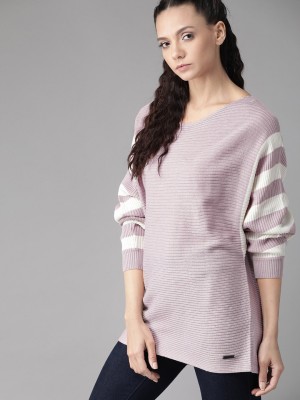 Roadster Striped Round Neck Casual Women Purple Sweater