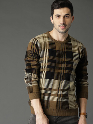 Roadster Woven Round Neck Casual Men Brown Sweater