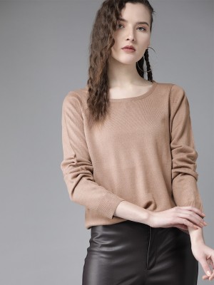 Roadster Solid Round Neck Casual Women Beige Sweater