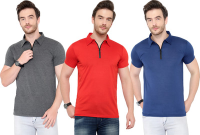 Adorbs Solid Men Polo Neck Blue, Grey, Red T-Shirt