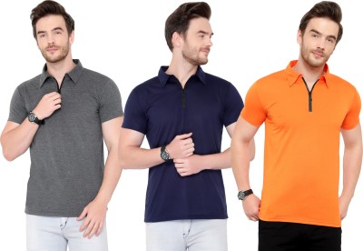 Adorbs Solid Men Polo Neck Dark Blue, Orange, Grey T-Shirt