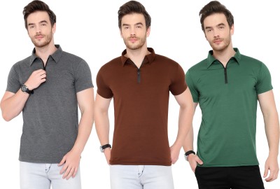 Tivy Solid Men Polo Neck Dark Green, Brown, Grey T-Shirt