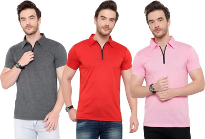 Adorbs Solid Men Polo Neck Red, Pink, Grey T-Shirt