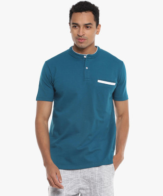 CAMPUS SUTRA Solid Men Mandarin Collar Blue T-Shirt
