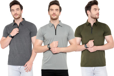 Adorbs Solid Men Polo Neck Grey, Green T-Shirt