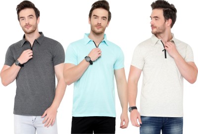 Adorbs Solid Men Polo Neck Light Blue, Grey T-Shirt