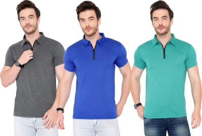 Adorbs Solid Men Polo Neck Green, Blue, Grey T-Shirt