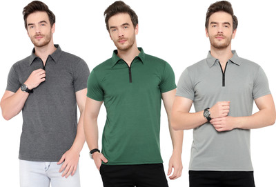 Adorbs Solid Men Polo Neck Grey, Green, Black T-Shirt