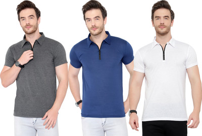 Adorbs Solid Men Polo Neck Dark Blue, White, Grey T-Shirt