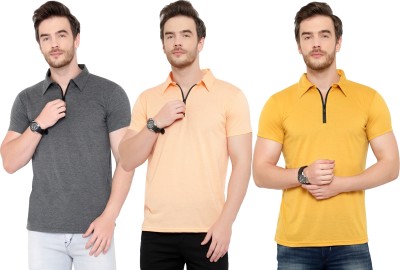 Tivy Solid Men Polo Neck Orange, Grey, Yellow T-Shirt