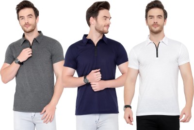 Adorbs Solid Men Polo Neck White, Blue, Grey T-Shirt