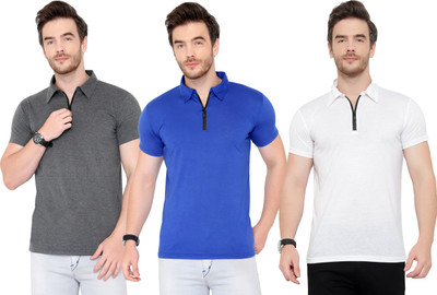 Adorbs Solid Men Polo Neck White, Blue, Grey T-Shirt