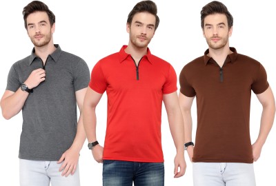 Tivy Solid Men Polo Neck Red, Brown, Grey T-Shirt