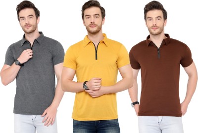 Tivy Solid Men Polo Neck Brown, Grey, Yellow T-Shirt