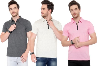 Adorbs Solid Men Polo Neck Grey, White, Pink T-Shirt