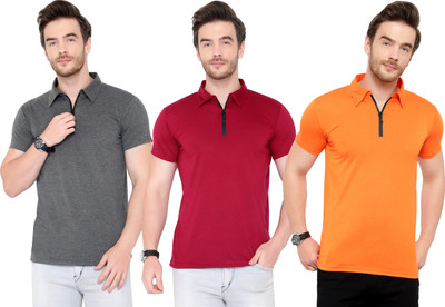 Tivy Solid Men Polo Neck Maroon, Orange, Grey T-Shirt