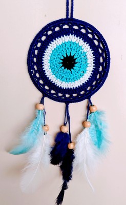 ArtsbySushma Blue Black White Feather 4 inch car room wall hanging Decor crochet handwork Car wall room hanging decor- 20 cm Wool, Steel Dream Catcher(8 inch, Black, White, Blue)