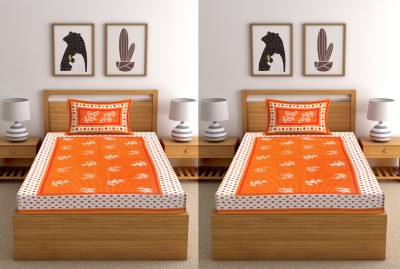 Indram 144 TC Cotton Single Printed Flat Bedsheet(Pack of 2, Orange)