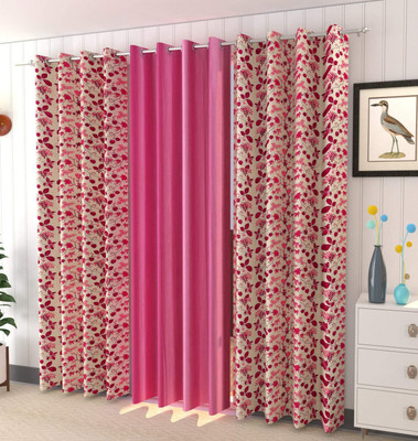 Benchmark 152 cm (5 ft) Window Polyester Room Darkening Curtain (Pack Of 3)(Pink, Printed)