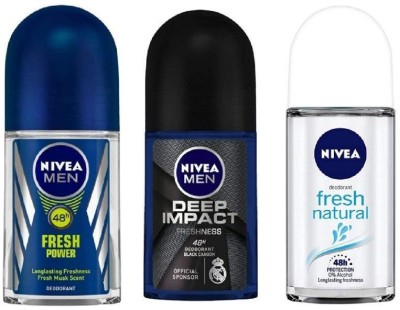 NIVEA Deodorant Roll-On Combo , Fresh Power , Deep Impact , Fresh Natural , 50 Ml Each Deodorant Roll-on  -  For Men & Women(150 ml, Pack of 3)