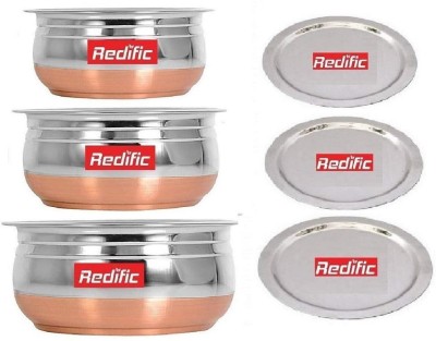 Redific Pack of 6 Stainless Steel Redific stainless steel Copper Bottom Handi/Urli 3 piece handi with lid Dinner Set(Silver, Microwave Safe)