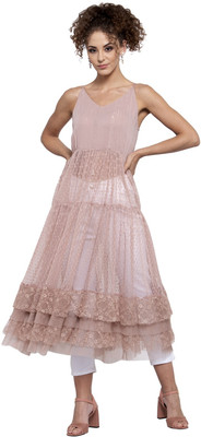 LELA Women Gathered Pink Midi/Calf Length Dress