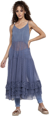 LELA Women Gathered Blue Midi/Calf Length Dress