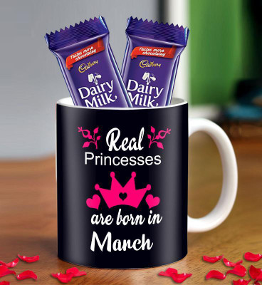 Midiron Birthday Gift, Real Princess are born in March Printed Mug with Chocolate birthday gifts for Sister, Daughter, Girlfriend, (Mug, Chocolate) Combo(2)
